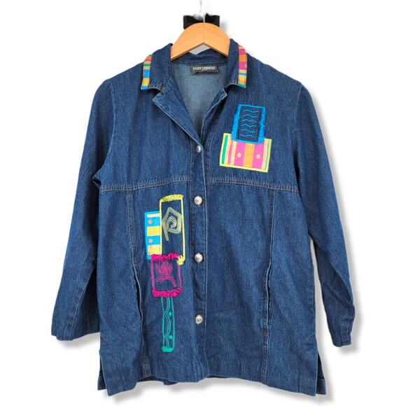 Vintage Saint Germain Women's Denim Embroidered Patchwork Jacket Size‎ Petite - Picture 1 of 11